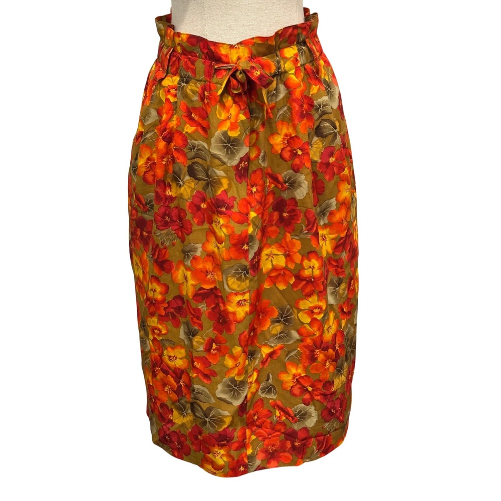 Linda Allard for Ellen Tracy Orange Floral 100% Silk Paperbag Waist Skirt 10